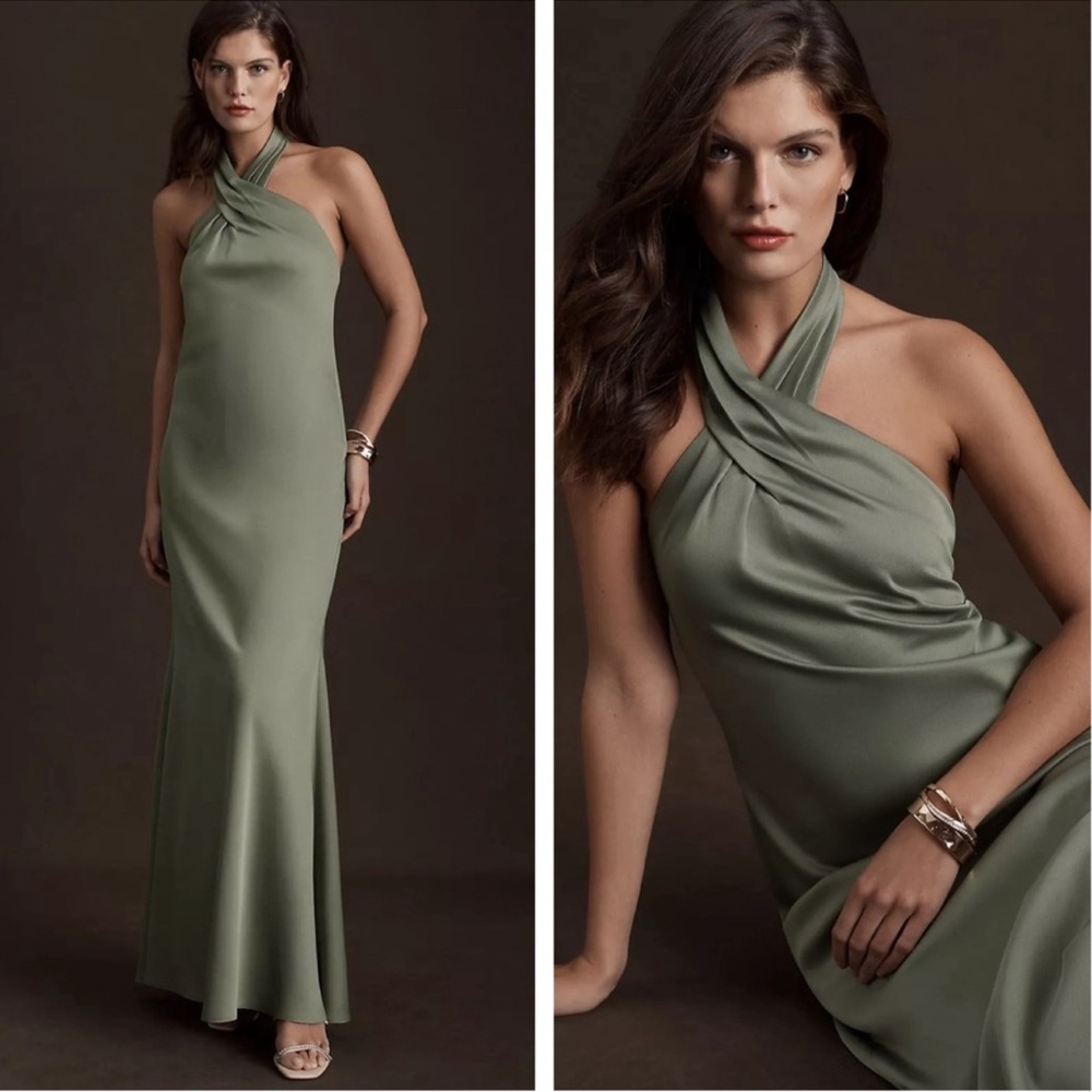 BHLDN Anthropologie Ruby Twist Halter Satin Gown Size 4 In Moss Green- Reemoly